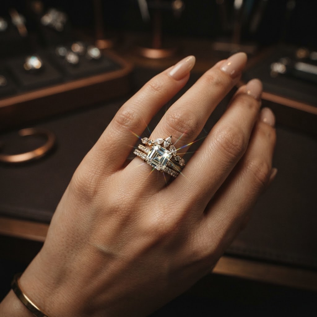 Detail of a hand-set diamond ring stack