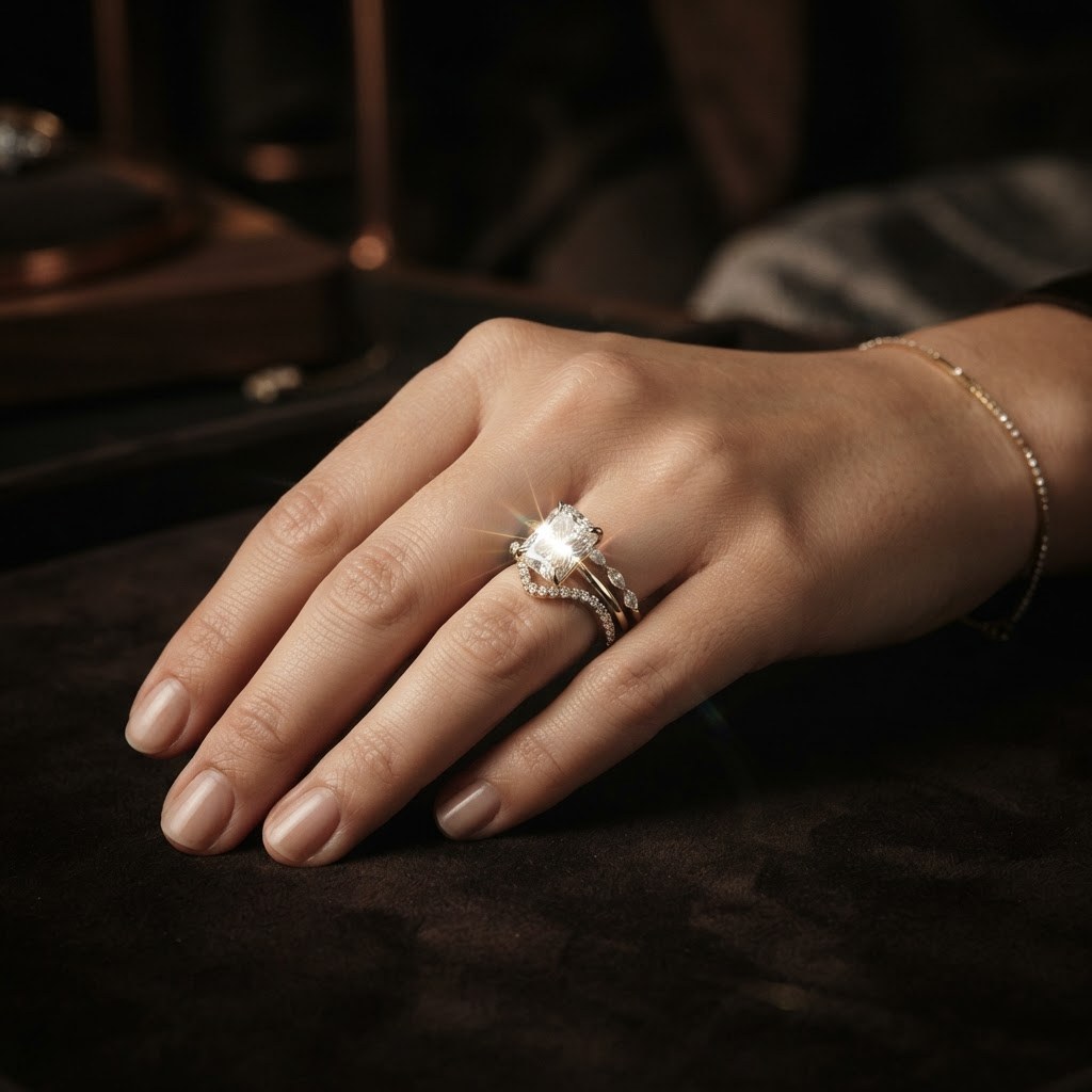 Diamond ring stack worn on the hand