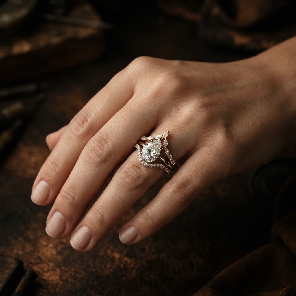 Pear-cut diamond ring stack on hand